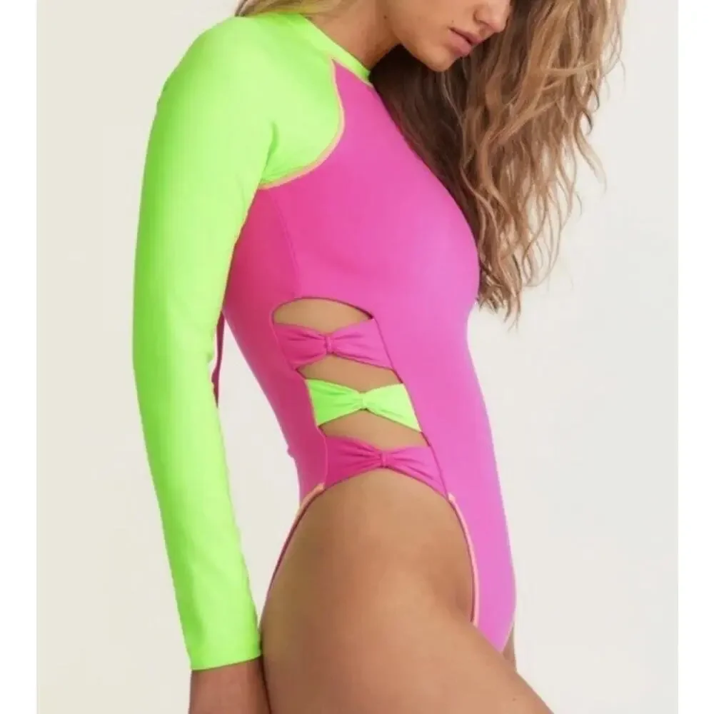 LoveShackFancy x Hurley Pink & Lime Blocked Bow Cheeky Surf Swimsuit XL